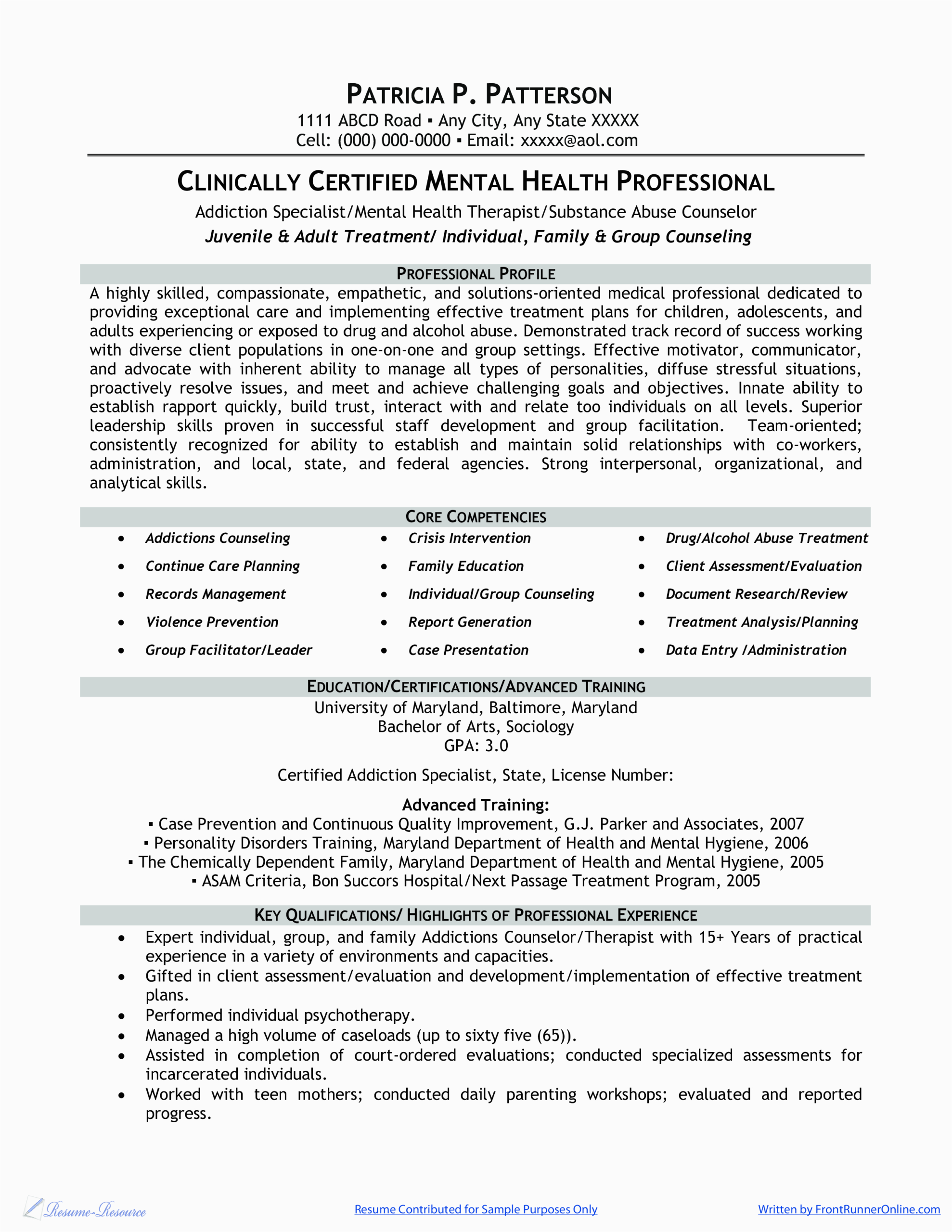 Sample Resume for Professionals In Healthcare Free Clinically Certified Mental Health Professional Resume