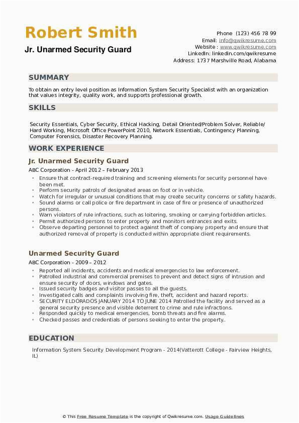Sample Resume for Security Guard Unarmed Unarmed Security Guard Resume Samples