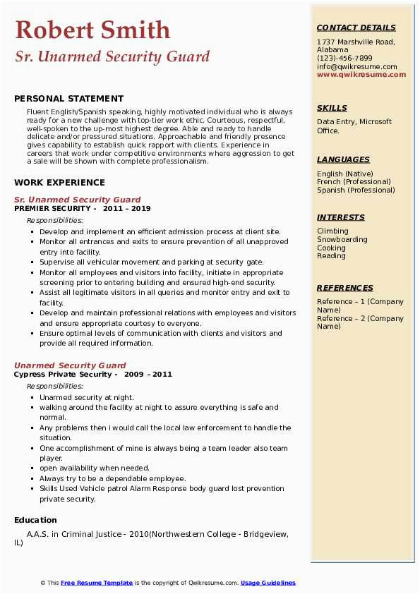 Sample Resume for Security Guard Unarmed Unarmed Security Guard Resume Samples