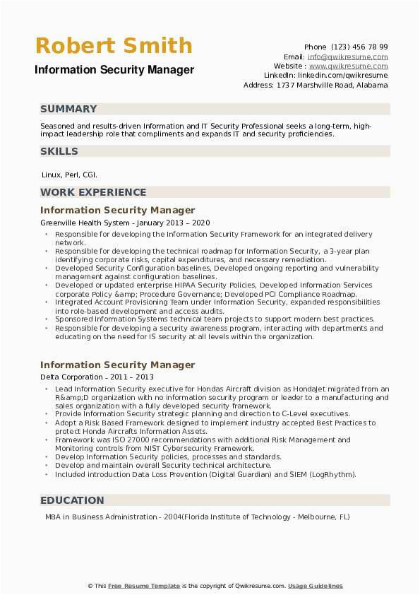 Sample Resume for Security Manager Position Information Security Manager Resume Samples
