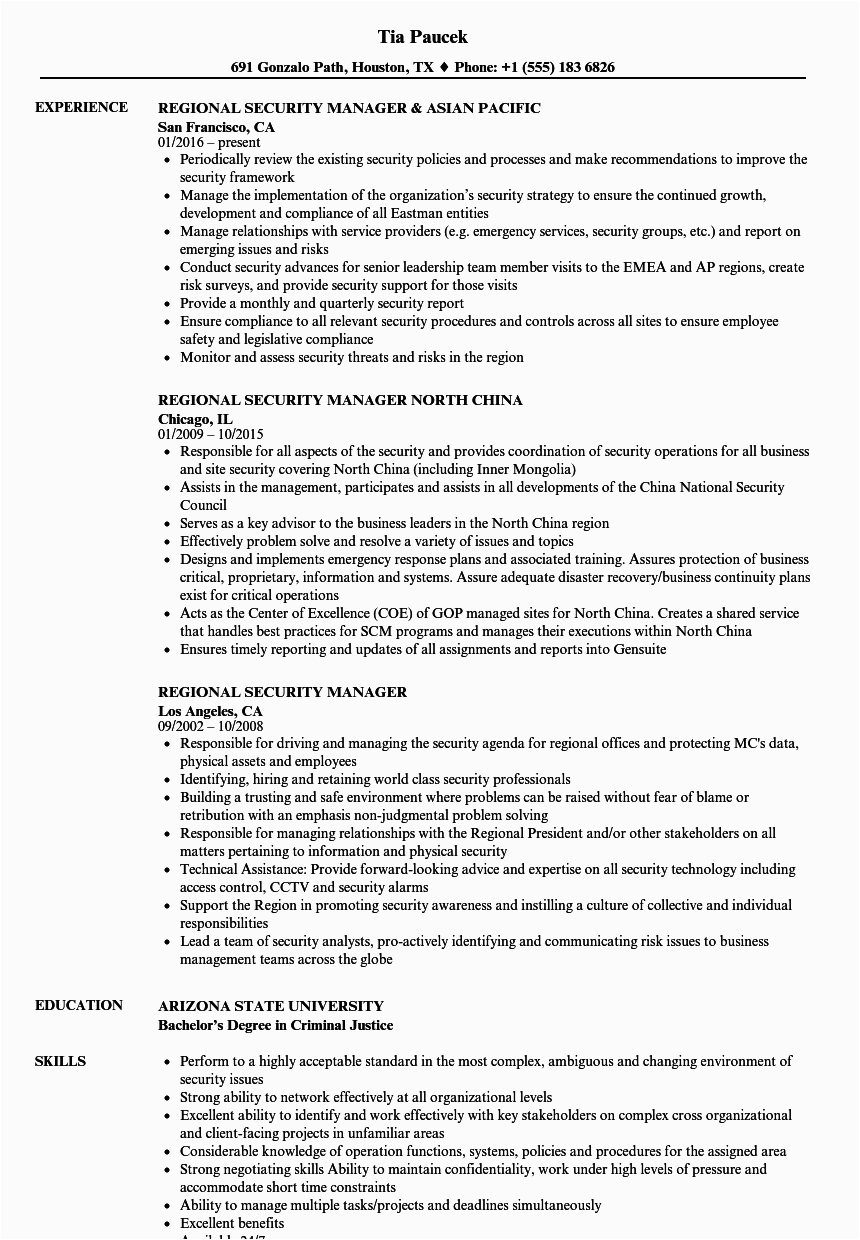 Sample Resume for Security Manager Position Regional Security Manager Resume Samples