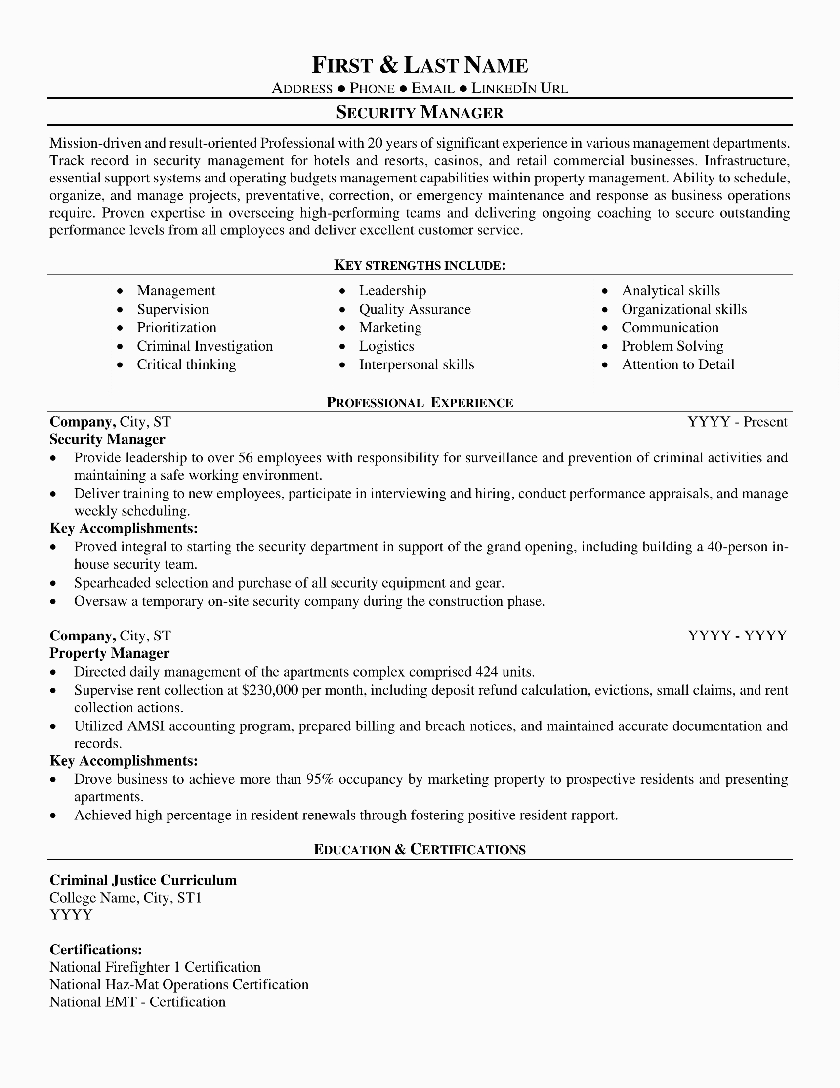 Sample Resume for Security Manager Position Security Manager Resume Sample