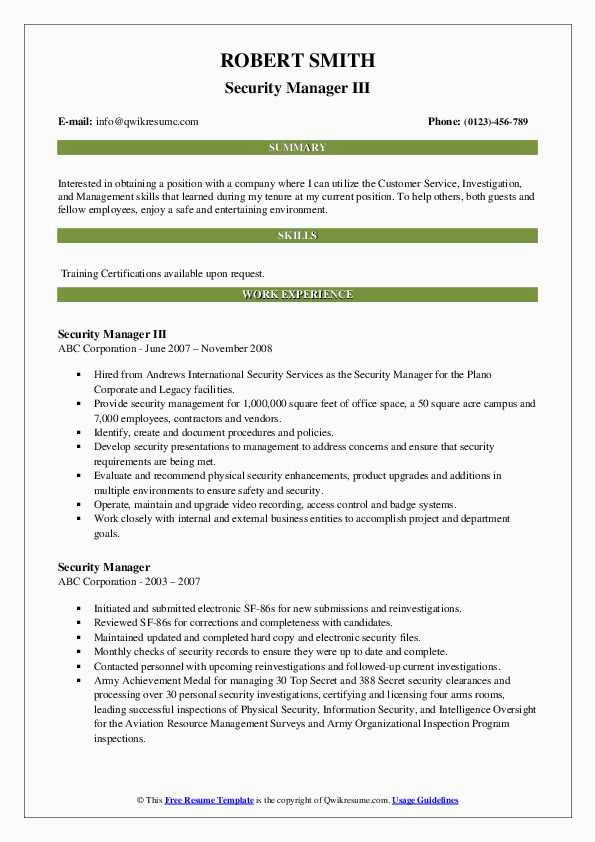 Sample Resume for Security Manager Position Security Manager Resume Samples