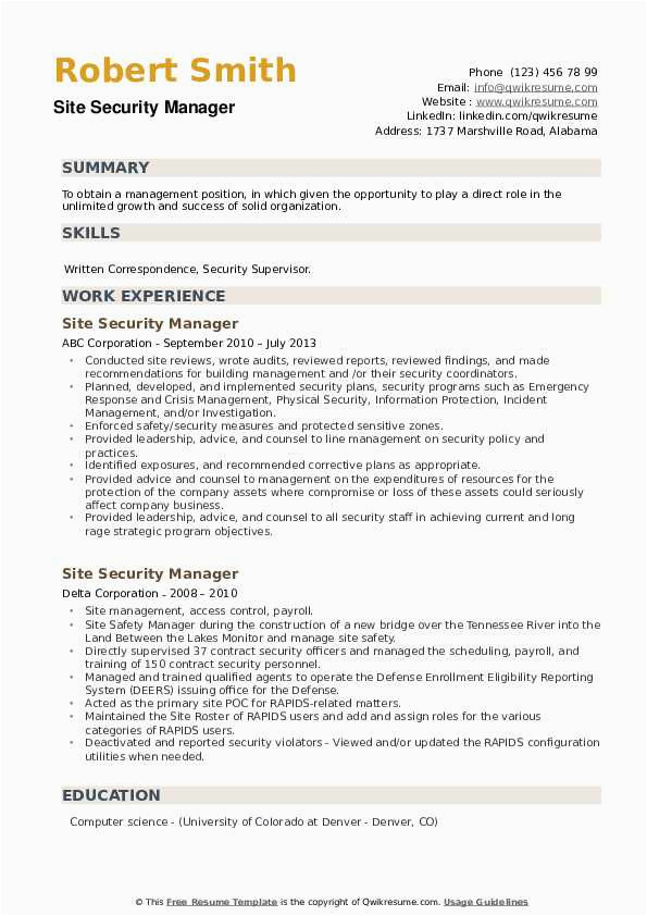 Sample Resume for Security Manager Position Site Security Manager Resume Samples