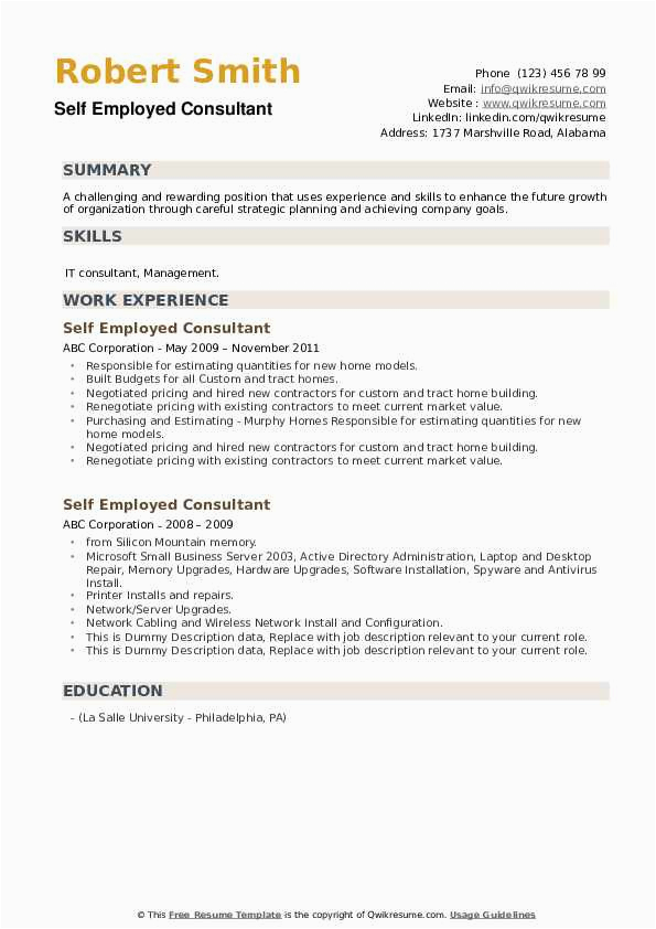 Sample Resume for Self Employed Consultant Self Employed Consultant Resume Samples