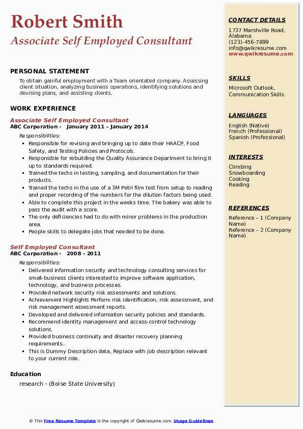 Sample Resume for Self Employed Consultant Self Employed Consultant Resume Samples