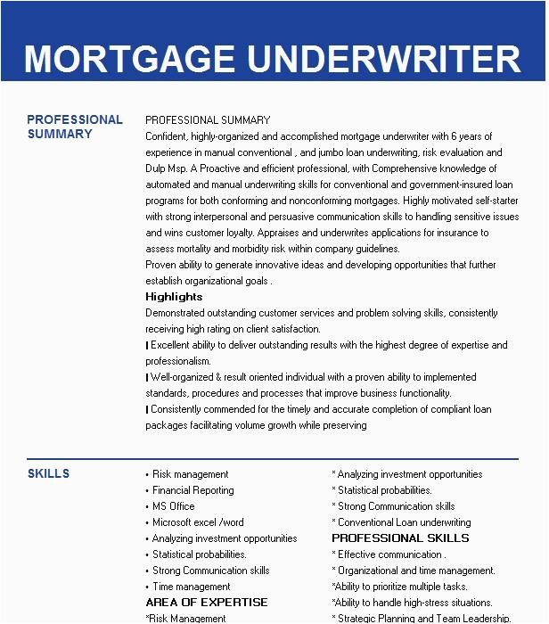 Sample Resume for Us Mortgage Underwriter Conventional Mortgage Underwriter Resume Example Pany Name