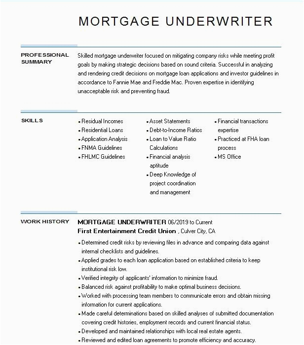 Sample Resume for Us Mortgage Underwriter Mortgage Underwriter Resume Example Pany Name Tampa Florida