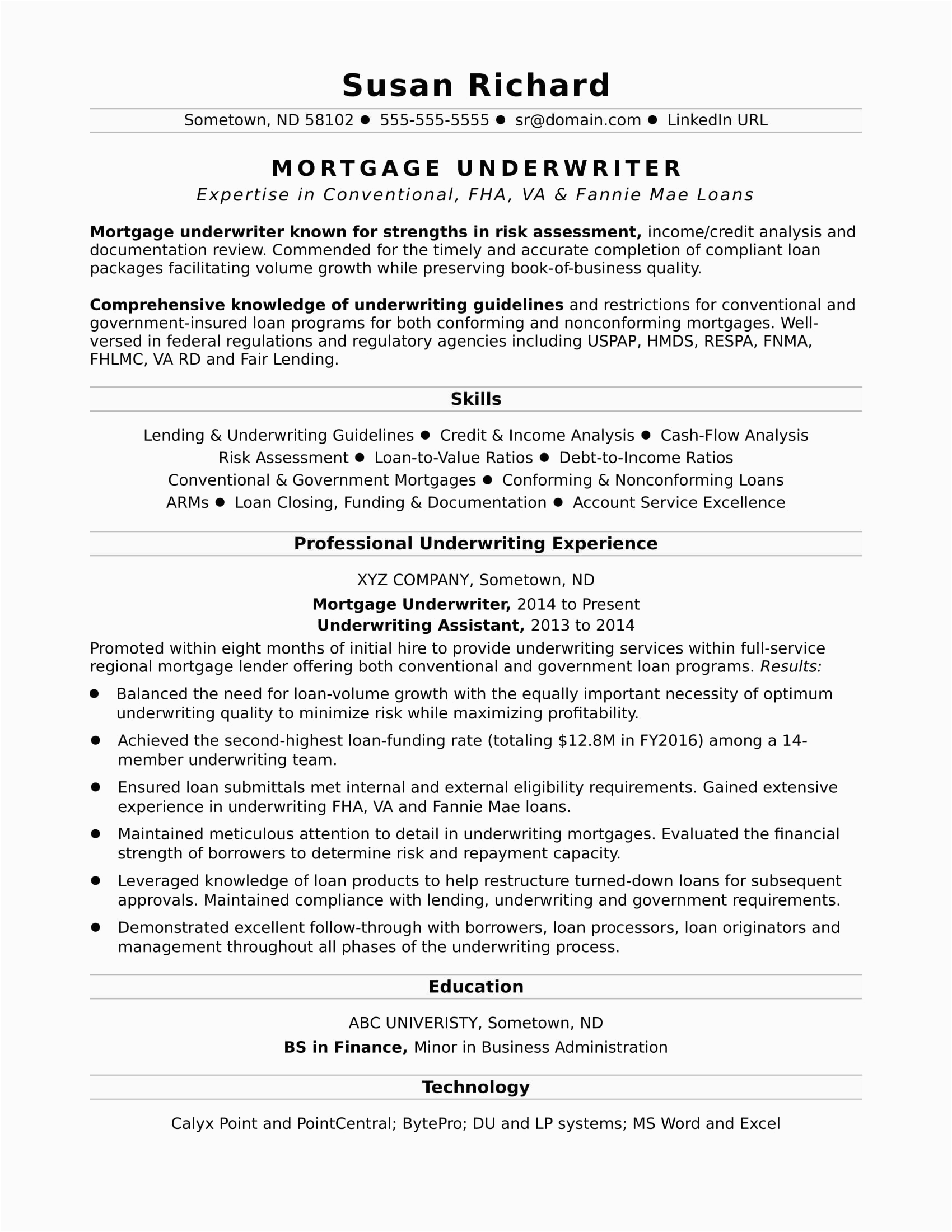 Sample Resume for Us Mortgage Underwriter Mortgage Underwriter Resume Sample