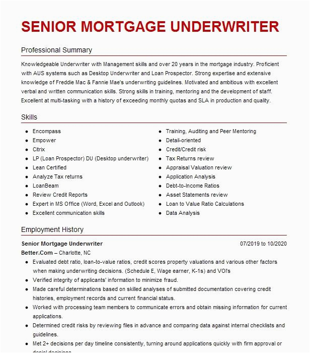 Sample Resume for Us Mortgage Underwriter Senior Mortgage Underwriter Resume Example Alaskausa Mortgage Pany