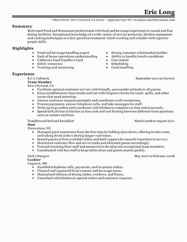 Sample Resume Objectives for Food Service Food Service Resume