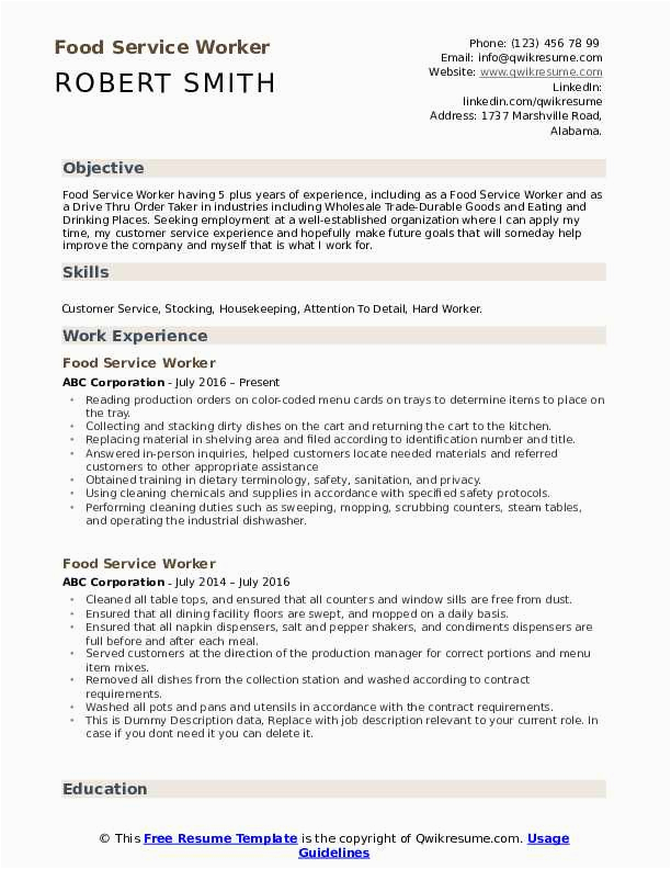 Sample Resume Objectives for Food Service Food Service Worker Resume Samples