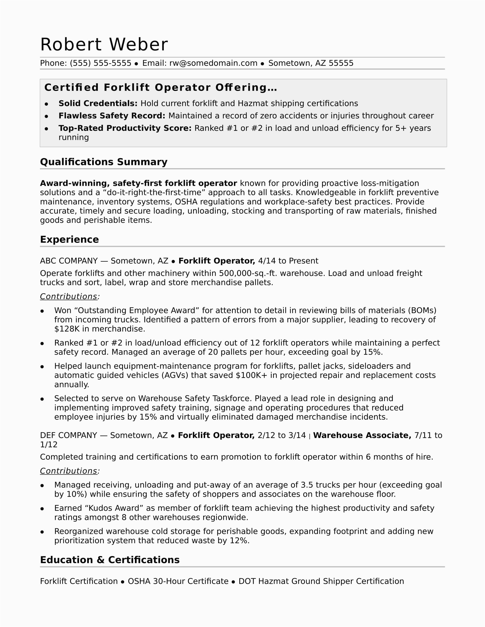 Sample Resume Objectives for forklift Operator Sample Resume for forklift Driver