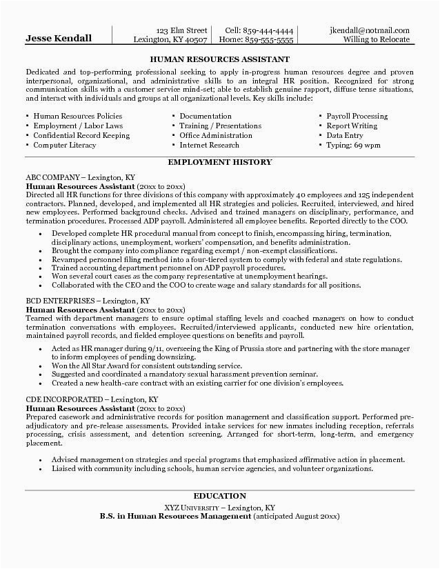 Sample Resume Objectives for Human Resources Example Human Resources assistant Resume Free Sample