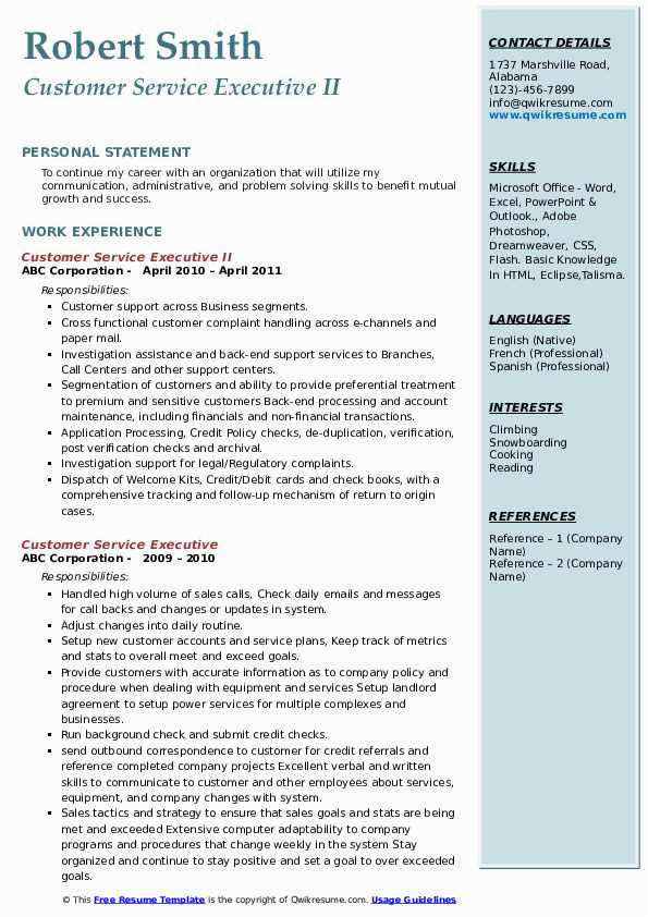 Sample Resume Of Experienced Customer Care Executive Customer Service Executive Resume Samples