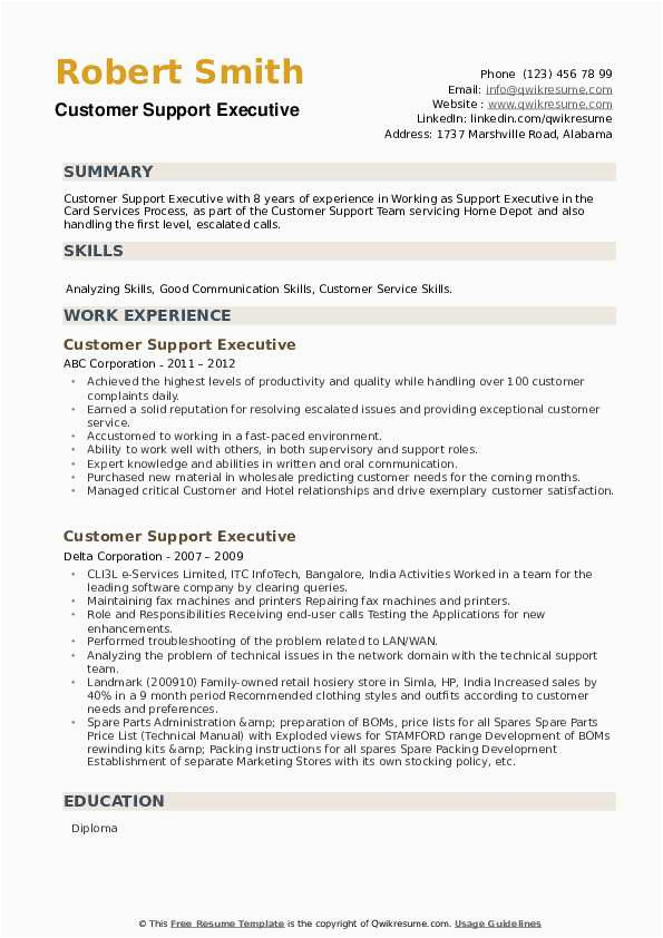Sample Resume Of Experienced Customer Care Executive Customer Support Executive Resume Samples