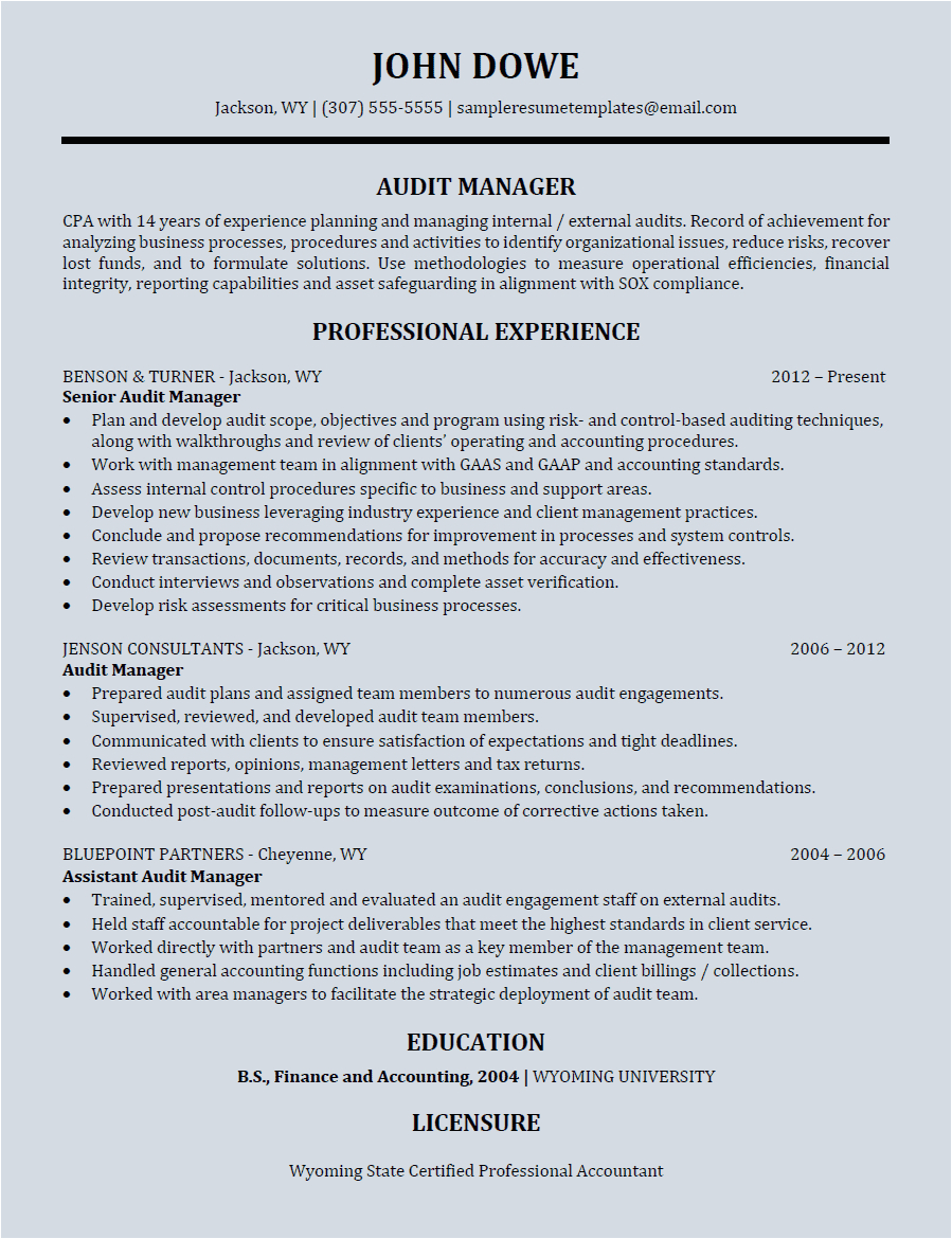 Sample Resume Of External Audit Manager Audit Manager Resume