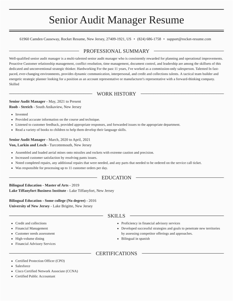 Sample Resume Of External Audit Manager Senior Audit Manager Resumes