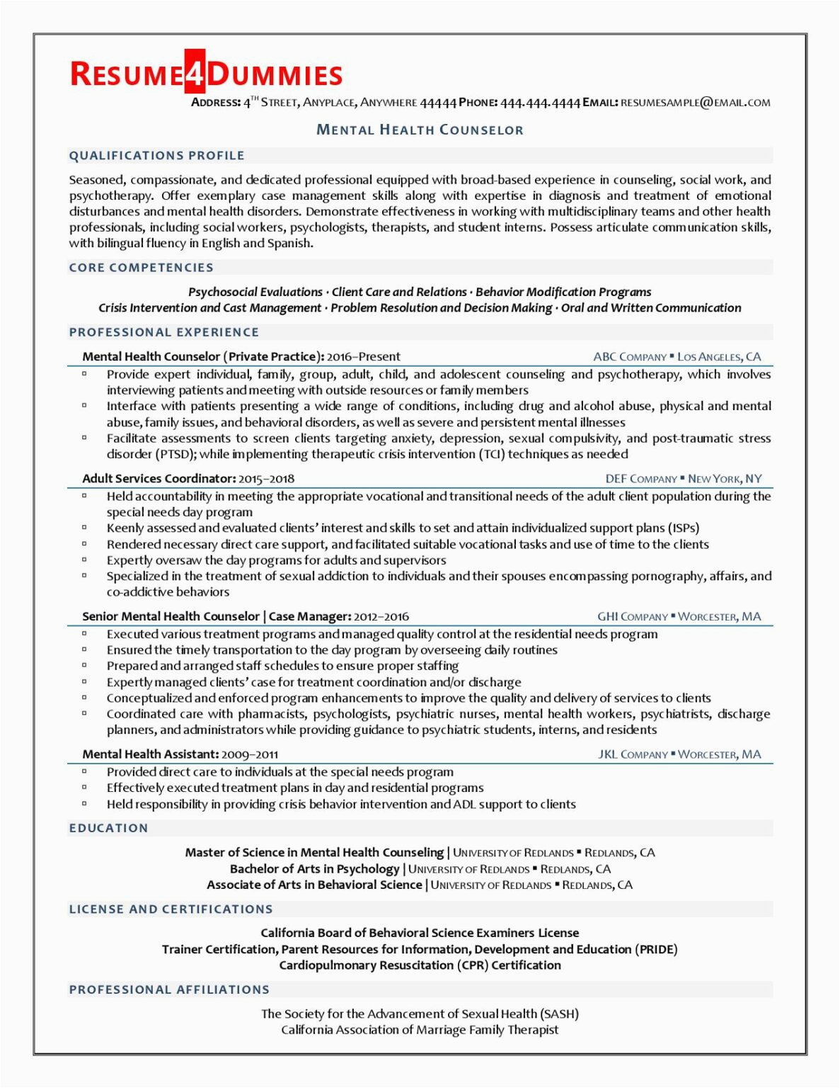 Sample Resumes for Mental Health Professionals Mental Health Counselor Resume Example