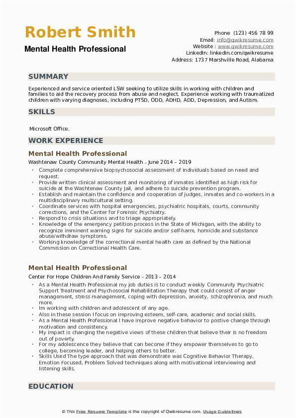 Sample Resumes for Mental Health Professionals Mental Health Professional Resume Samples