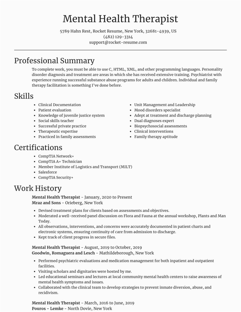 Sample Resumes for Mental Health Professionals Mental Health therapist Resumes