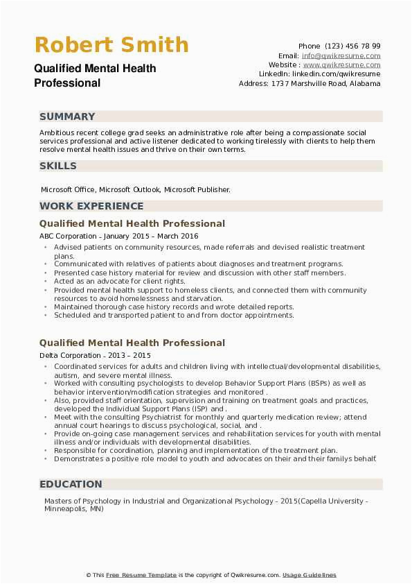 Sample Resumes for Mental Health Professionals Qualified Mental Health Professional Resume Samples