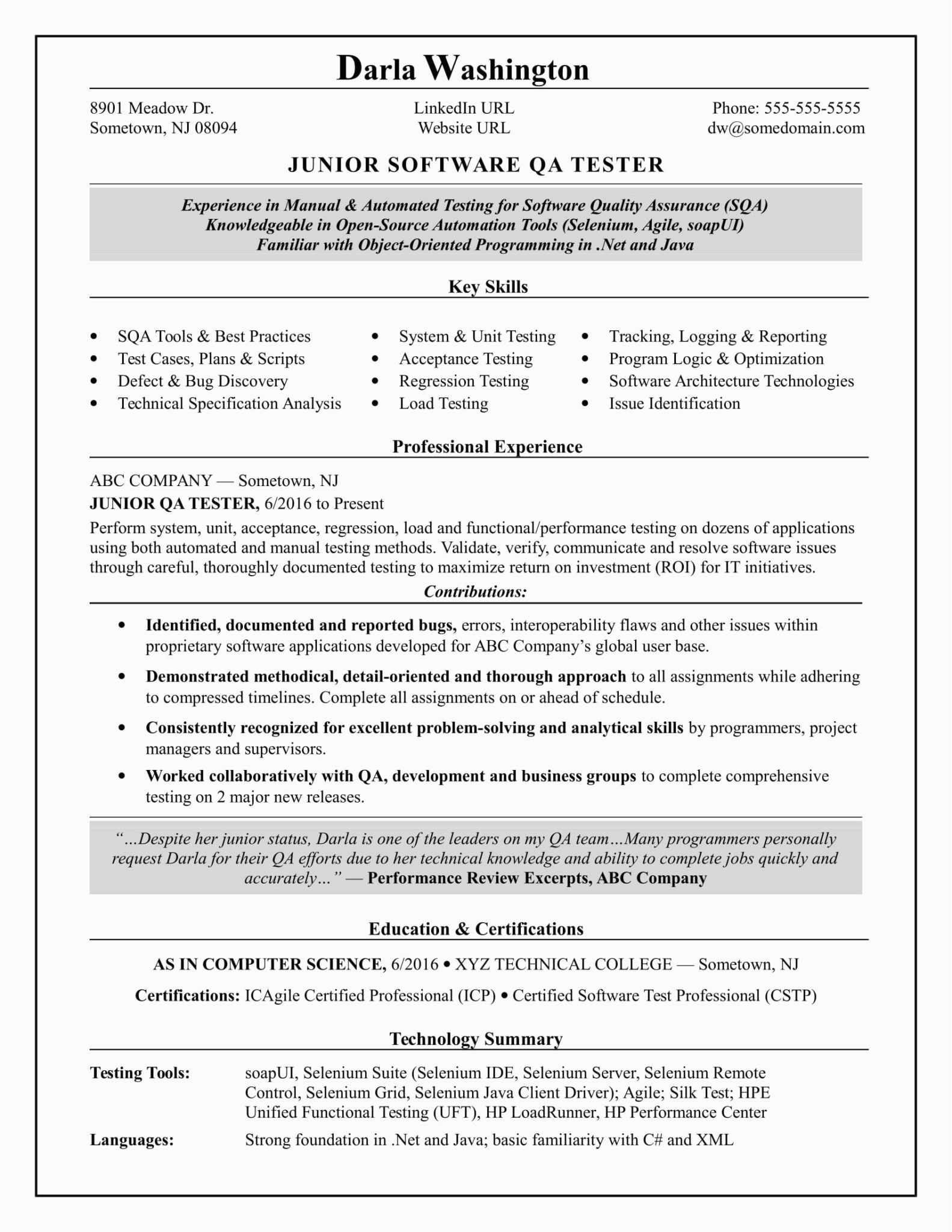Software Quality assurance Tester Sample Resume Entry Level Qa software Tester Resume Sample