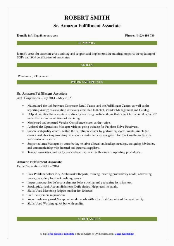 Amazon Fulfillment Center associate Resume Sample Amazon Fulfillment associate Resume Samples
