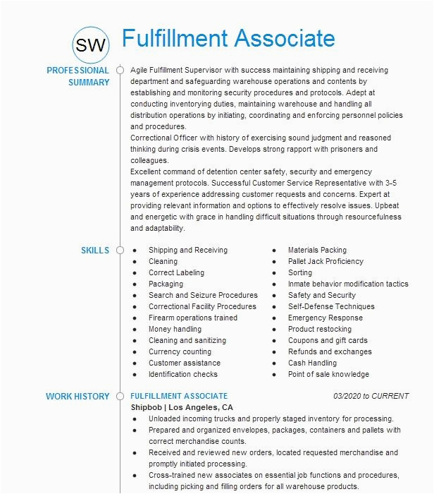 Amazon Fulfillment Center associate Resume Sample Fulfillment associate Resume Example Amazon Fulfillment Center