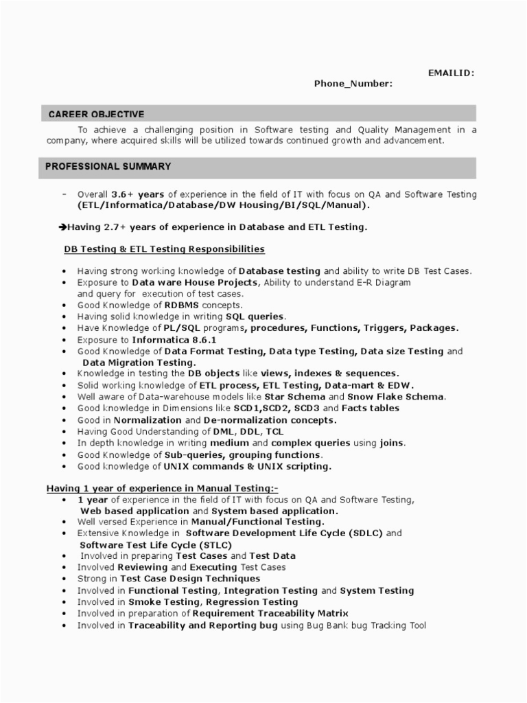 Etl Testing Sample Resume for Experienced Sample Resume for Etl Testing 2 Yrs