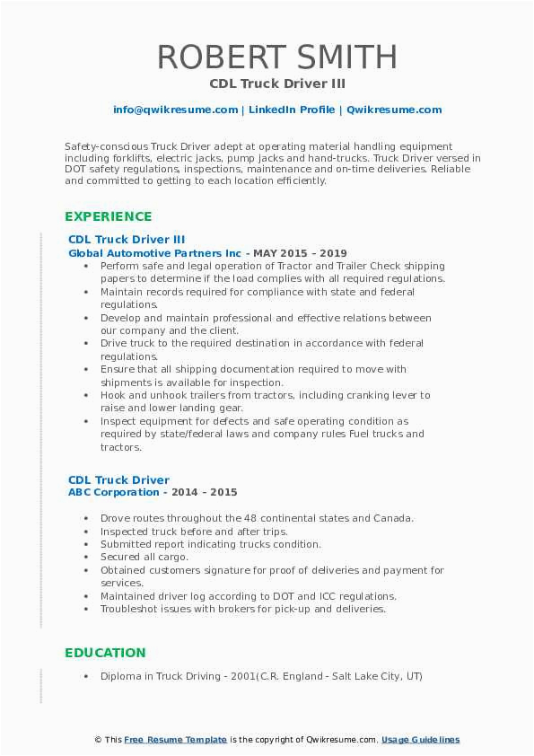 Sample Of A Cdl Truck Driver Resume 16 Sample Resume for Cdl Truck Drivers Free Resume Templates for 2021