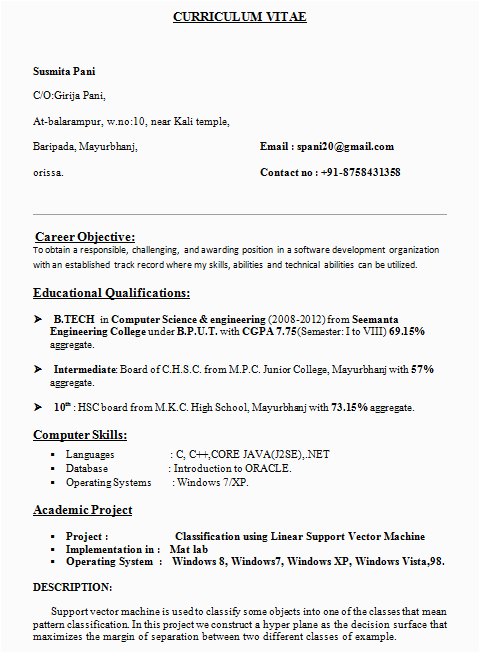 Sample Resume for B Tech Final Year Student Resume format for B Tech Cse Students