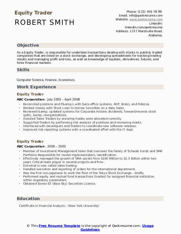 Sample Resume for Equity Dealer India Equity Trader Resume Samples