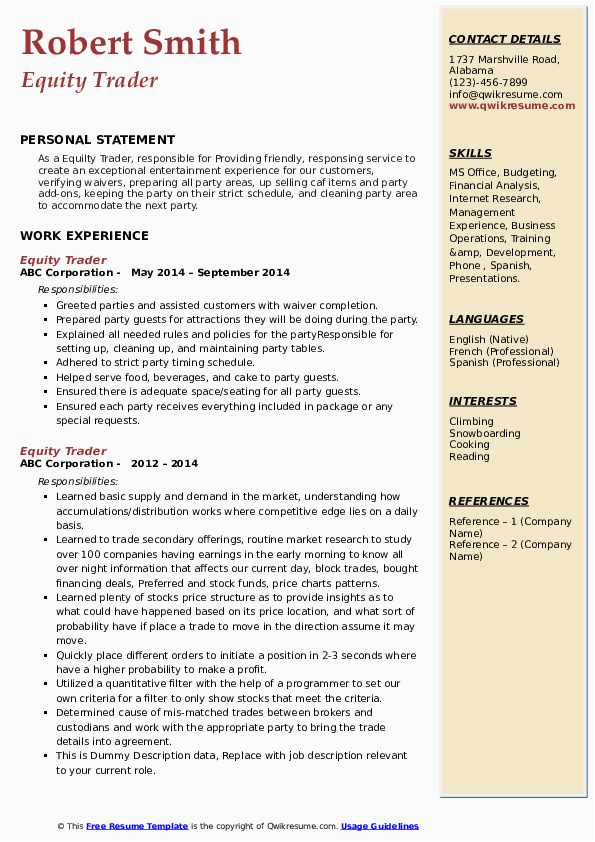 Sample Resume for Equity Dealer India Equity Trader Resume Samples
