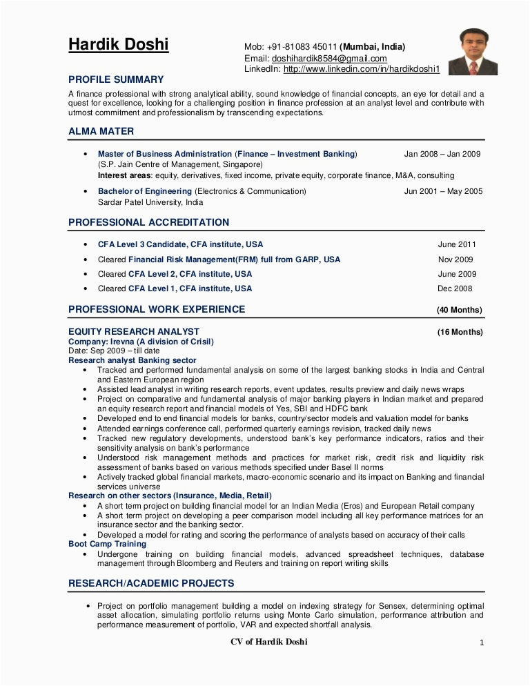 Sample Resume for Equity Dealer India Hardik Doshi Cv